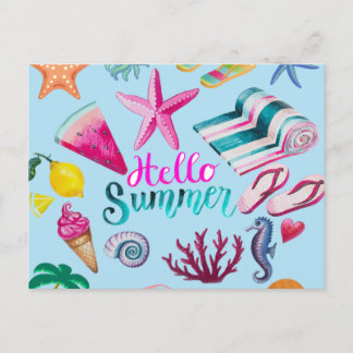 Hallå sommarfärgrik strand hav tema vykort
