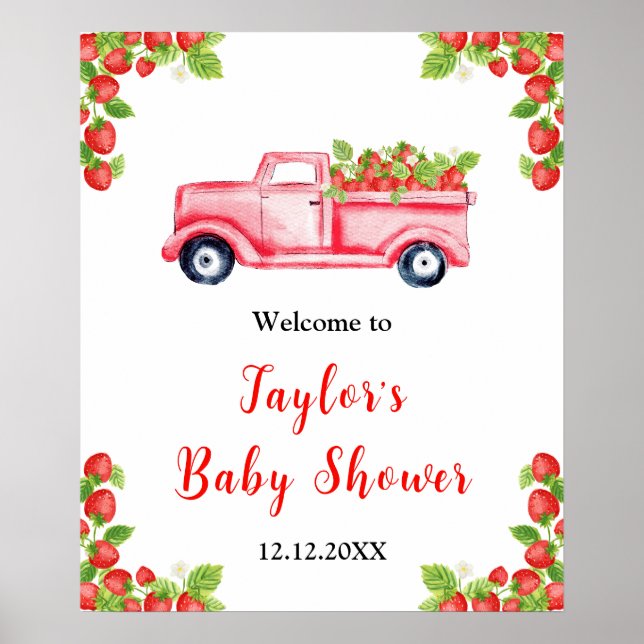 Hallåskylt för baby shower med jordgubbslastbil poster (Framsidan)