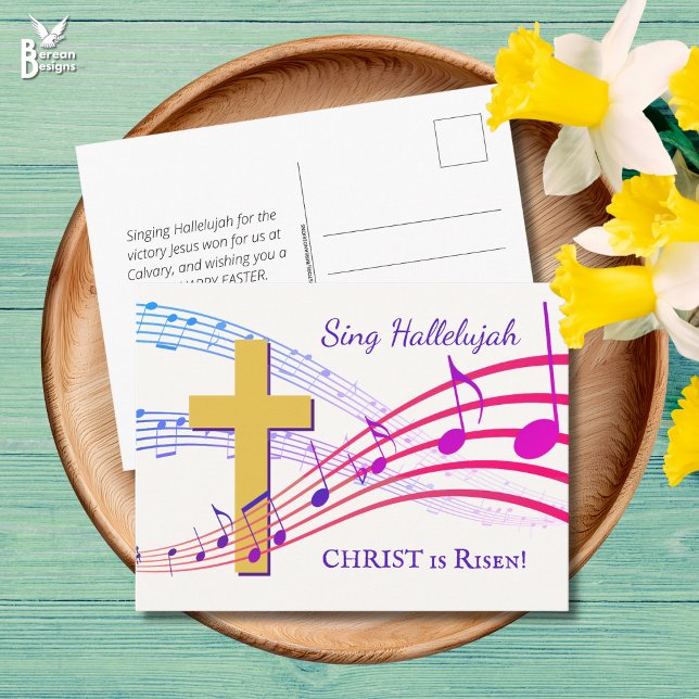 HALLELUJAH CHRIST ÄR RISEN Påsk Vykort (SING HALLELUJAH CHRIST IS RISEN Easter postcard with Cross and music notes. Ideal for churches.)