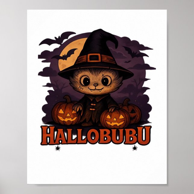 Hallobubu Halloween Cute & Spooky Witch Cat T-Shir Poster (Framsidan)