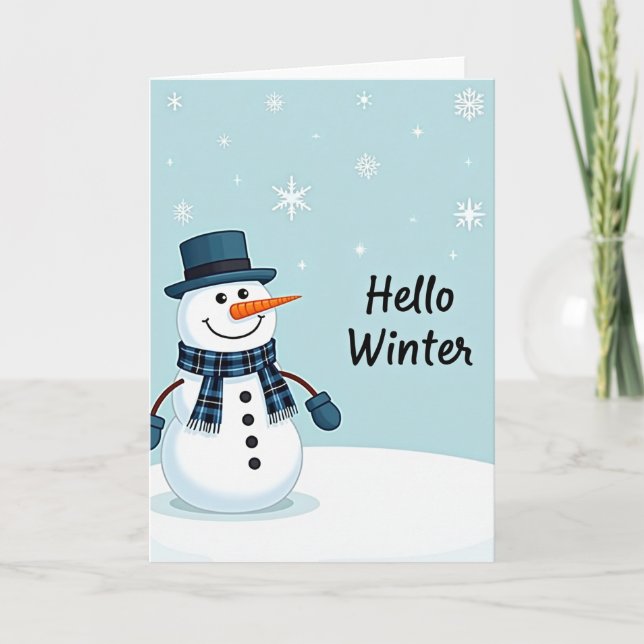 Hallokort för vinter Snygg snöman med toppmössa Kort (Framsida)