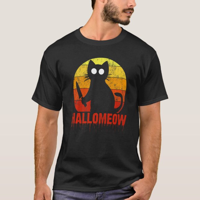 Hallomeow Cat med Knivar Murderous Spooky Hallowee T Shirt (Framsida)