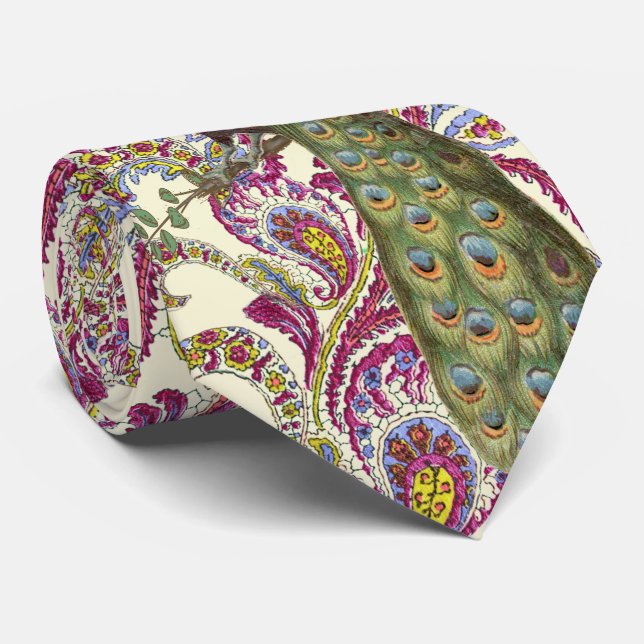 Hallon Blå Rosa Grön Paisley Påfågel Slips (Rullad)
