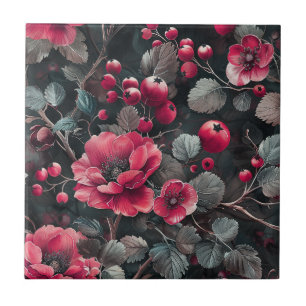 Hallon, burgundblommor på mörk grått kakelplatta