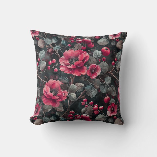 Hallon, burgundblommor på mörk grått kudde (Framsida)