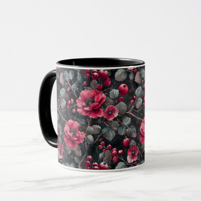 Hallon, burgundblommor på mörk grått mugg (Framsida vänster)