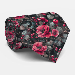 Hallon, burgundblommor på mörk grått slips
