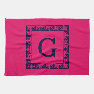 hallon, marinblått grekiskt Nyckel #1 Framed Monog Kökshandduk