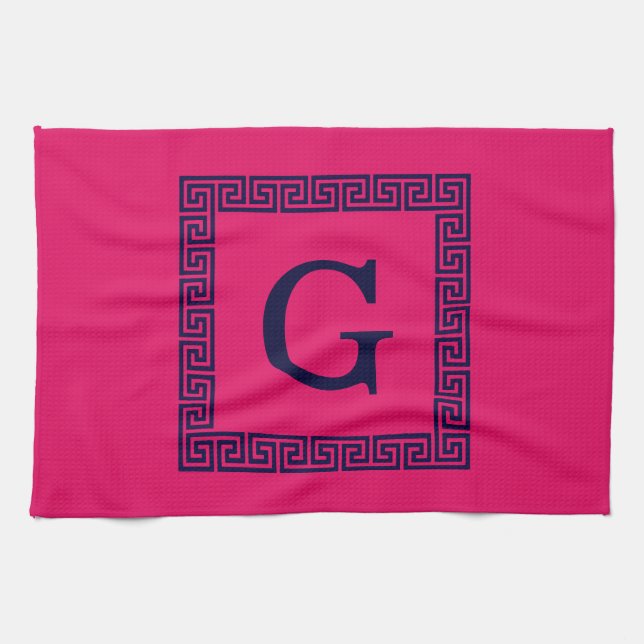 hallon, marinblått grekiskt Nyckel #1 Framed Monog Kökshandduk (Horisontell)