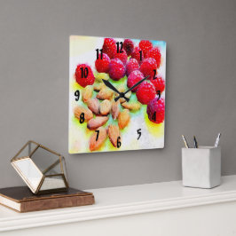Hallon och Almonds Watercolor Fyrkantig Klocka