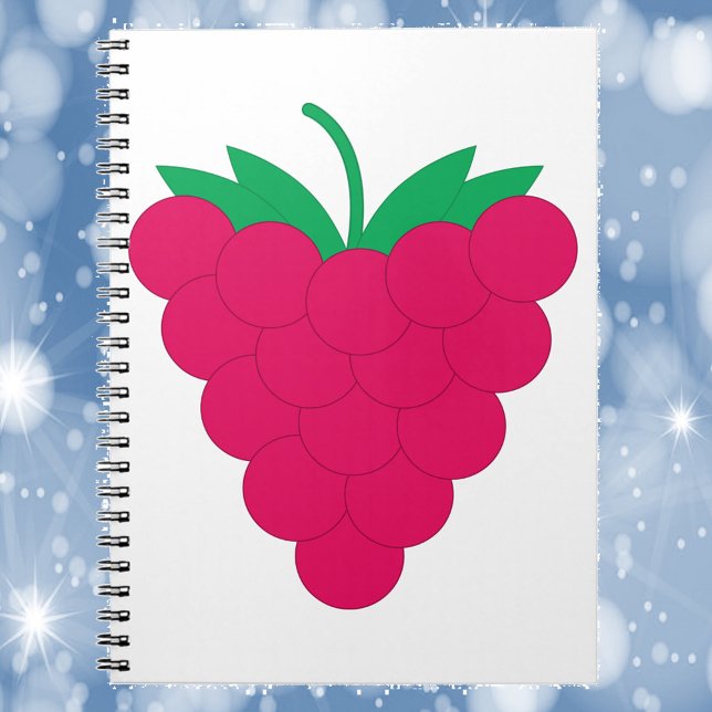 Hallon Rosa Bär Anteckningsbok (A notebook with a graphic of a pink raspberry with a green stem.)