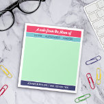 Hallonbergsflottan Mint A Note från Mamma Anteckningsblock<br><div class="desc">Färgblocksfärgat anteckningsblock för back to school med en anteckning från mamma om [ditt barns namn] överst och ditt namn och mobila nummer vid grund i en kombination av ett refleskript och ett tidlöst sans serif-teckensnitt med färgblock av hallonrött, turkos, mint-grönt och marinblått för ett färgstarkt och öga-upptagande men ändå smakfullt...</div>