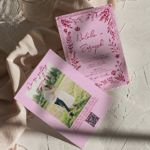 Hallonpink QR-kod ritad blomsterfoto bröllop Inbjudningar
