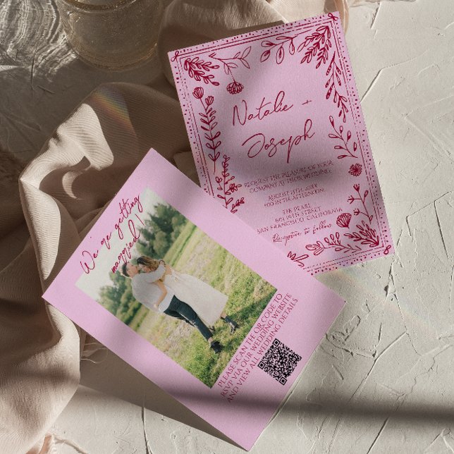 Hallonpink QR-kod ritad blomsterfoto bröllop Inbjudningar (Skapare uppladdad)