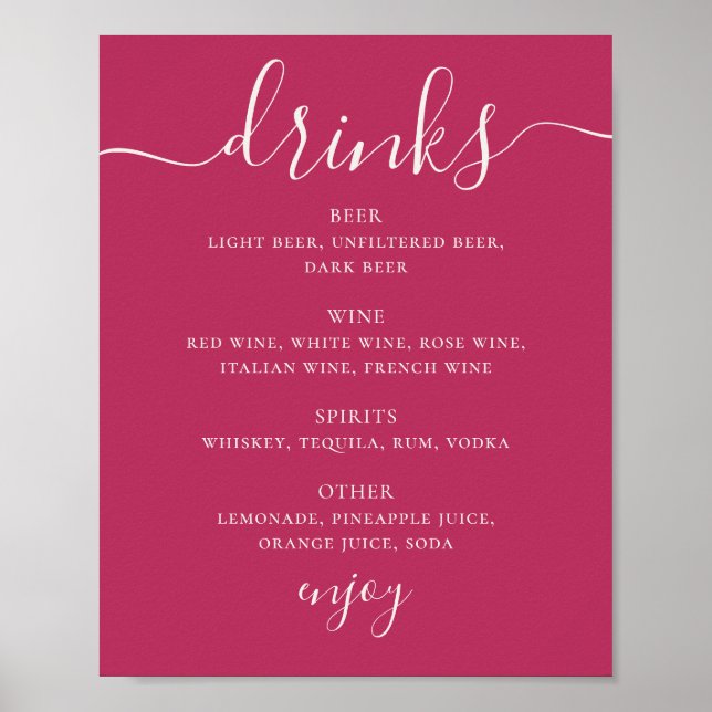 Hallonpink Skript Bröllopsdrycker Bar Meny Poster (Framsidan)
