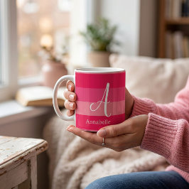Hallons Rosa Ränder Anpassad Monogram Namn Kaffemugg
