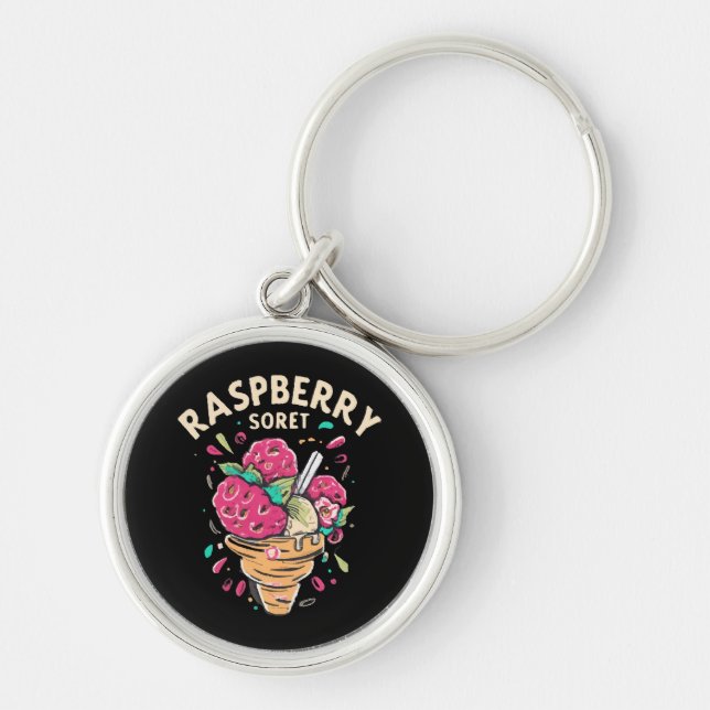 Hallonsorbet  rund silverfärgad nyckelring (Framsidan)