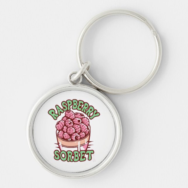 Hallonsorbet  rund silverfärgad nyckelring (Framsidan)