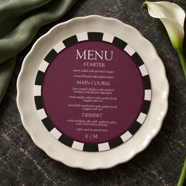 Hallonsvart och vitrandig rund bröllopsmeny  meny (Raspberry Black & White Striped Round Wedding Menu)