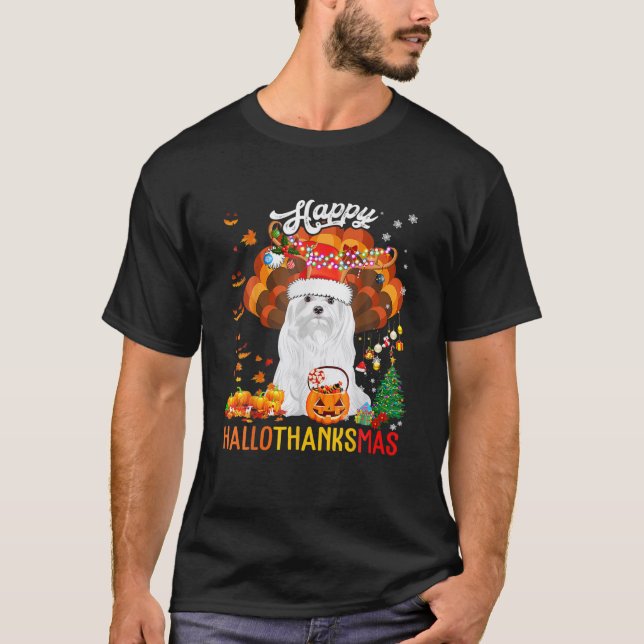 Hallothanksmas Santa Turkey Pumpkin Maltese Hund T Shirt (Framsida)