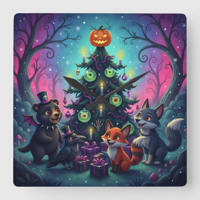 Hallow Julafton Träd Scene Fyrkantig Klocka (Framsida)