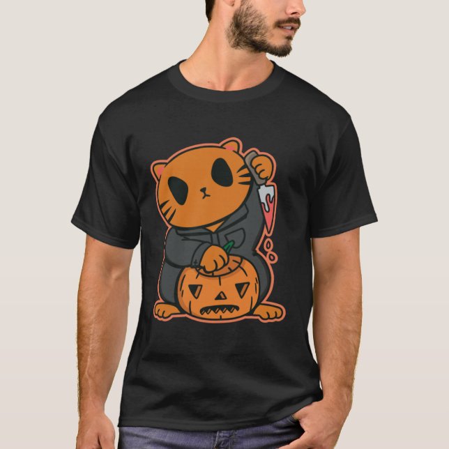 halloweeen cat pumkin knife t shirt (Framsida)