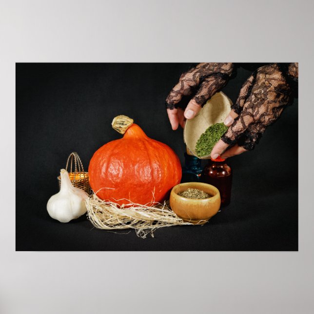 Halloweeen-häxan förbereder en potion poster (Framsidan)