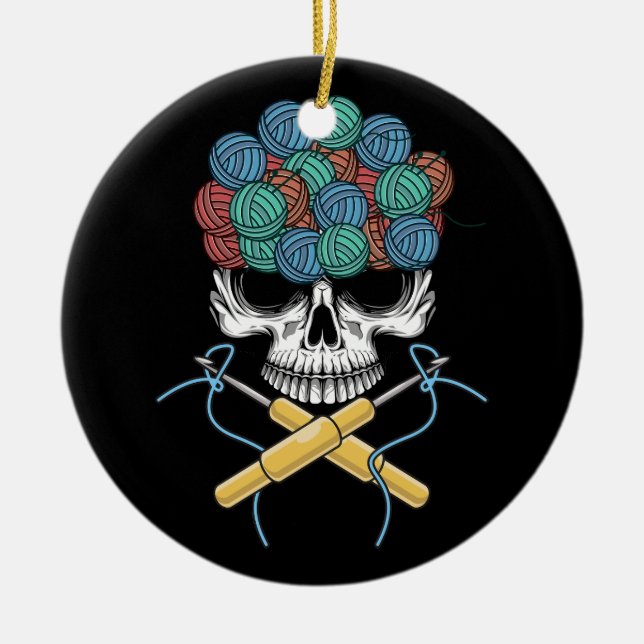 Halloweeen Skull Crochet Älskare Yarn Funny Skelet Julgransprydnad Keramik (Framsidan)