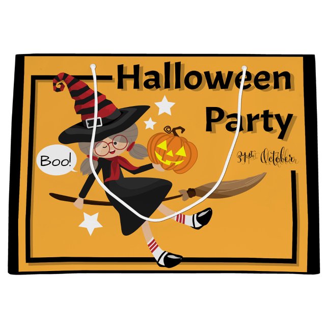 Halloween (Illustration of a Halloween Party bag, featuring a cartoon witch riding a broomstick.)