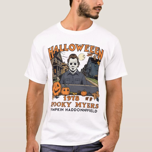 Halloween 1978 Holiday Spooky Myers Pumpkin Haddon T Shirt (Framsida)