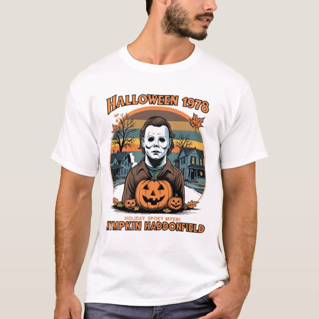 Halloween 1978 Holiday Spooky Myers Pumpkin Haddon T Shirt (Framsida)