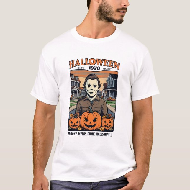 Halloween 1978 Holiday Spooky Myers Pumpkin Haddon T Shirt (Framsida)