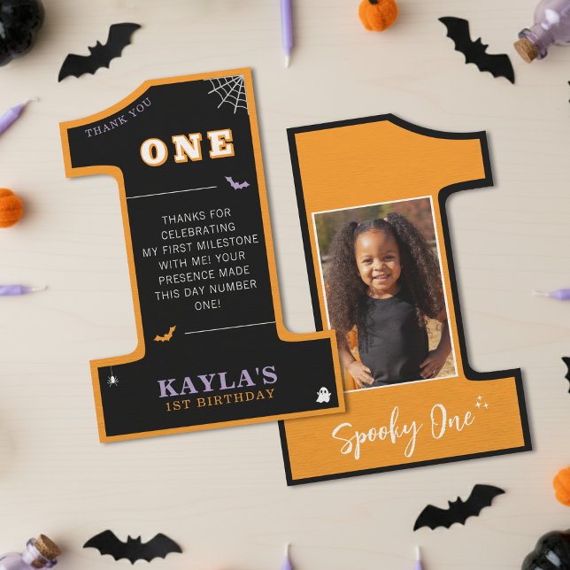 Halloween 1:a födelsedagsfest Spöklik En Bild Tack Kort (Halloween 1st Birthday Party Spooky One Photo Thank You Card
)