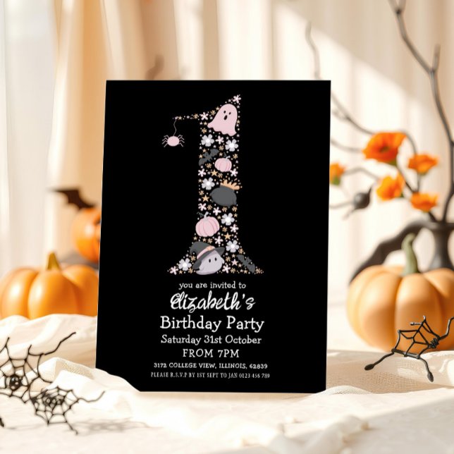 Halloween 1-års födelsedag | Ljusande söta första  Inbjudningar (Skapare uppladdad)