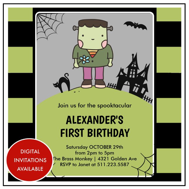 Halloween 1-års födelsedags spöktakulär frankenste inbjudningar (Halloween-1st-birthday-invitation-spooktacular-frankenstein-1)