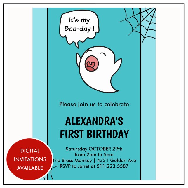 Halloween 1-års födelsedagsinbjudan spindelnät spö inbjudningar (halloween-1st-birthday-invitations-spider-web-ghost-1)