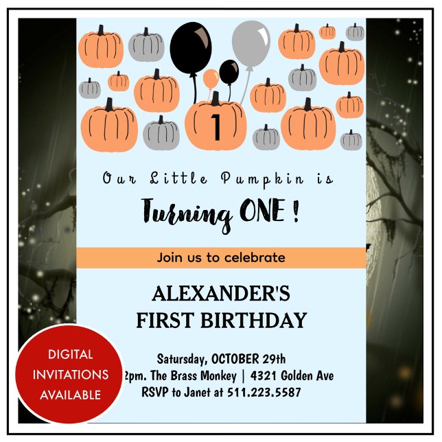 Halloween 1-års födelsedagsinbjudningar oktober fö inbjudningar (halloween-1st-birthday-invitations-autumn-pumpkins-1)