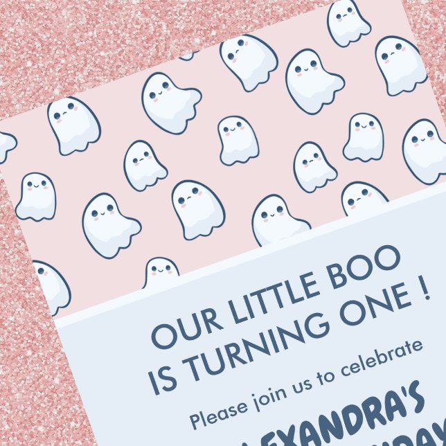 Halloween 1-års inbjudan rosa spöke (Halloween 1st birthday invitations pink ghost 1)