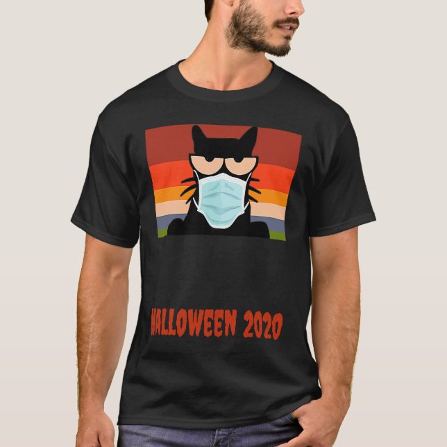 Halloween 2020,  svart katt med mask t shirt (Framsida)