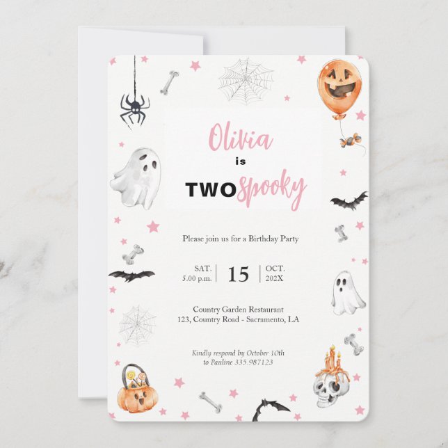 Halloween 2:a födelsedag - inbjudan till Rosa-spök (Framsida)