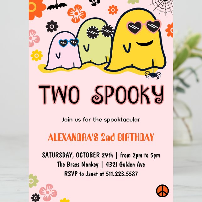 Halloween 2:a födelsedagsinbjudan Två talesmän Inbjudningar (Halloween-2nd-Birthday-Invitations-Two-Spooky-groovy-pink-1)