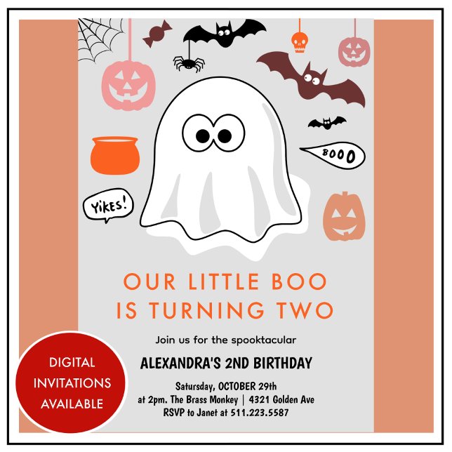 Halloween 2-års födelsedag lilla boo spökstämning  inbjudningar (Halloween-2nd-birthday-little-boo-spooktacular-invitation-orange-1)
