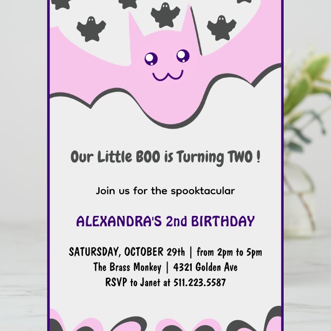 Halloween 2-års födelsedagsinbjudan Spöke Lilla bo Inbjudningar (halloween-2nd-birthday-invitation-Ghost-Little-boo-pink-purple-1)