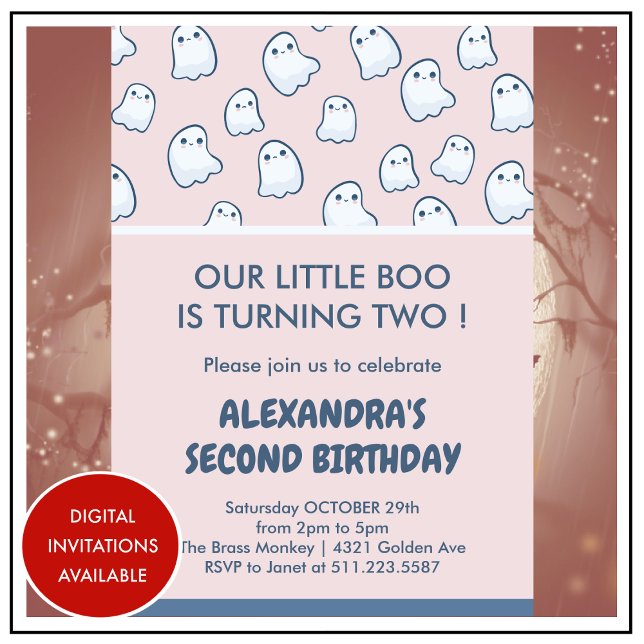 Halloween 2-års födelsedagsinbjudningar liten boo  inbjudningar (halloween-2nd-birthday-invitation-pink-ghosts-1)