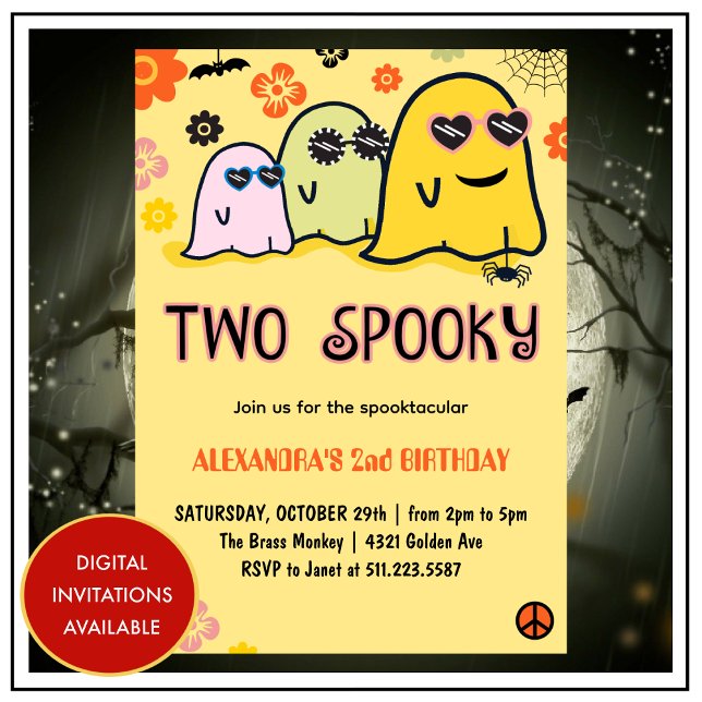 Halloween 2-års födelsedagsinbjudningar spökliga s inbjudningar (halloween-2nd-birthday-invitations-two-spooky-3)