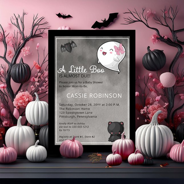 Halloween A Little Boo Ghost Baby Shower Invi Inbjudningar (Cute "A Little Boo Is Almost Due" Girl Baby Shower Coquette Ghost Kawaii Baby Shower Invitation)