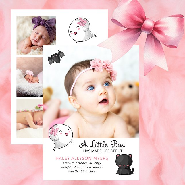 Halloween A Little Boo Ghost - Flicka Birth (Cute Halloween A Little Boo Has Made Her Debut Girl Birth Announcement With Kawaii Cat, Bat, Ghost)