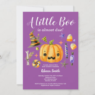 Halloween A Little Boo Pumpkin Baby Shower Lila Inbjudningar