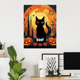 Halloween Abstrakt Black Cat and Pumpkin Design Poster
