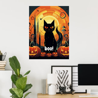 Halloween Abstrakt Black Cat and Pumpkin Design Poster